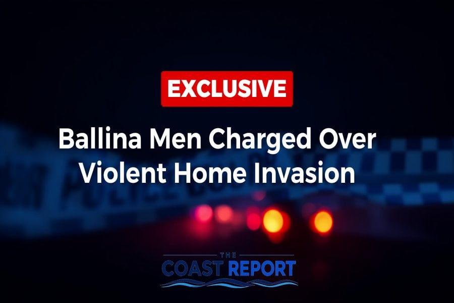 Ballina home invasion charges — blurred police tape and flashing lights at night, The Coast Report exclusive