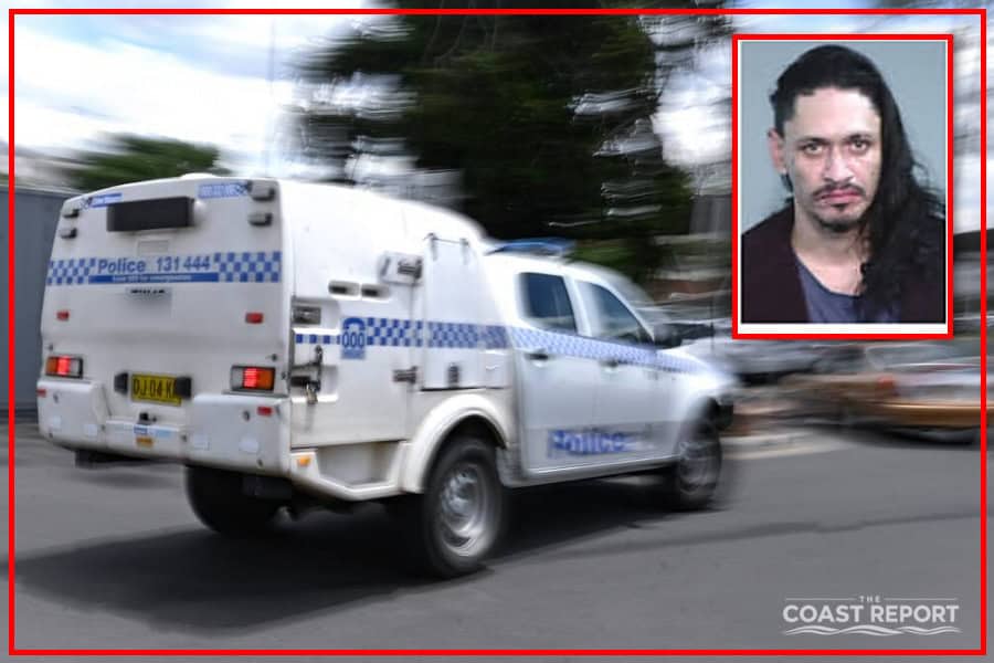 Illustration of a man standing on top of a police vehicle during an arrest at Nimbin.