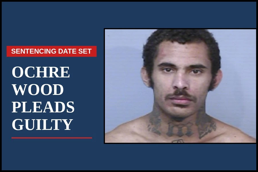 Ochre Wood, who has pleaded guilty to 35 offences, pictured beside the words “Ochre pleads guilty”.