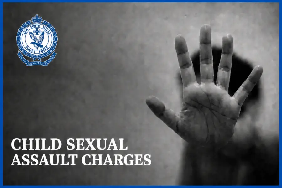 Generic image with NSW Police badge and the words Child Sexual Assault Charges Image title: