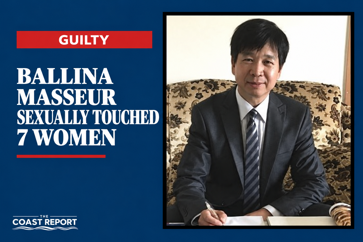Ballina masseur Guosheng Sun pictured beside a headline about his guilty pleas involving seven women.