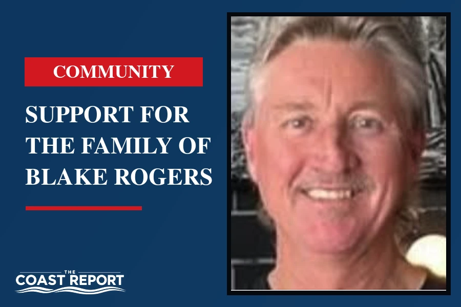 Portrait of Blake Rogers beside a Coast Report headline about support for his family.