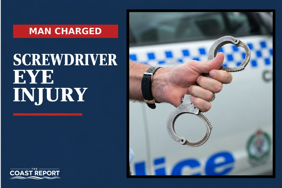The Coast Report graphic showing police handcuffs, with the words “Man charged” and “Screwdriver eye injury”.