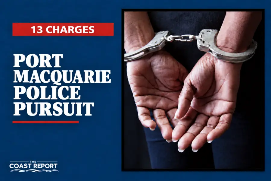 Handcuffed person illustrating 13 charges following a Port Macquarie police pursuit.