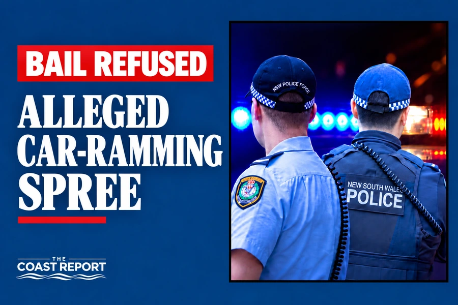Coast Report graphic showing two NSW Police officers beside the words “Bail refused — alleged car-ramming spree”.