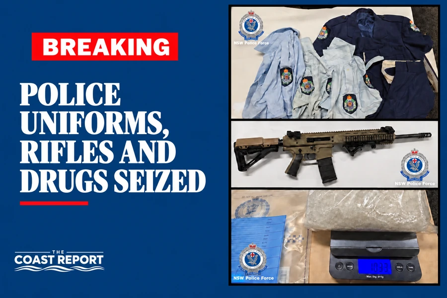 Northern Rivers drug bust news graphic showing police uniforms, a rifle and suspected drugs on scales.