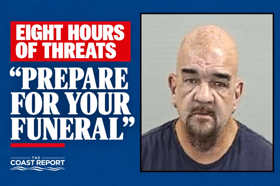Robert William Lyford pictured beside the words “Eight hours of threats” and “Prepare for your funeral” in a Coast Report graphic.