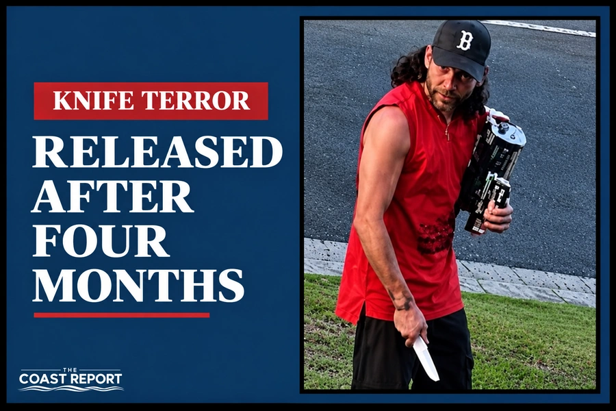Coast Report graphic showing Wesley Roberts holding a knife during the Ballina knife incident, with the headline “Released after four months”.
