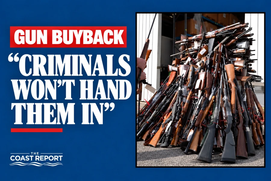Stacked firearms beside the headline “Criminals won’t hand them in” in a Coast Report graphic about the NSW gun buyback.