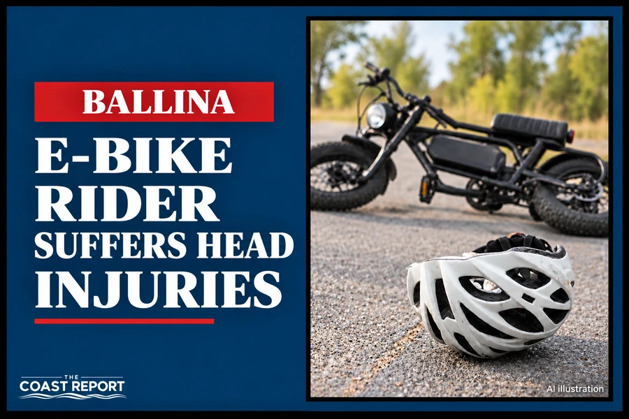 Coast Report graphic reading “Ballina: E-bike rider suffers head injuries”, with an AI illustration of an e-bike and helmet on a road.