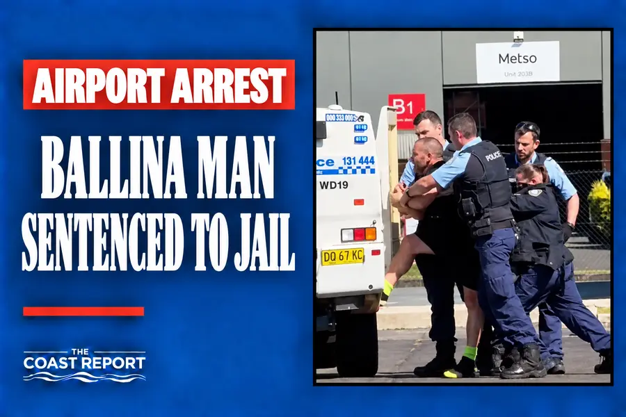 Five police officers restraining Braden Hardy during his arrest at Ballina Byron Gateway Airport