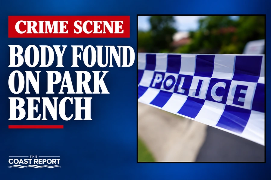 The Coast Report news graphic showing police tape beside the headline “Body found on park bench” and a red “Crime Scene” label.