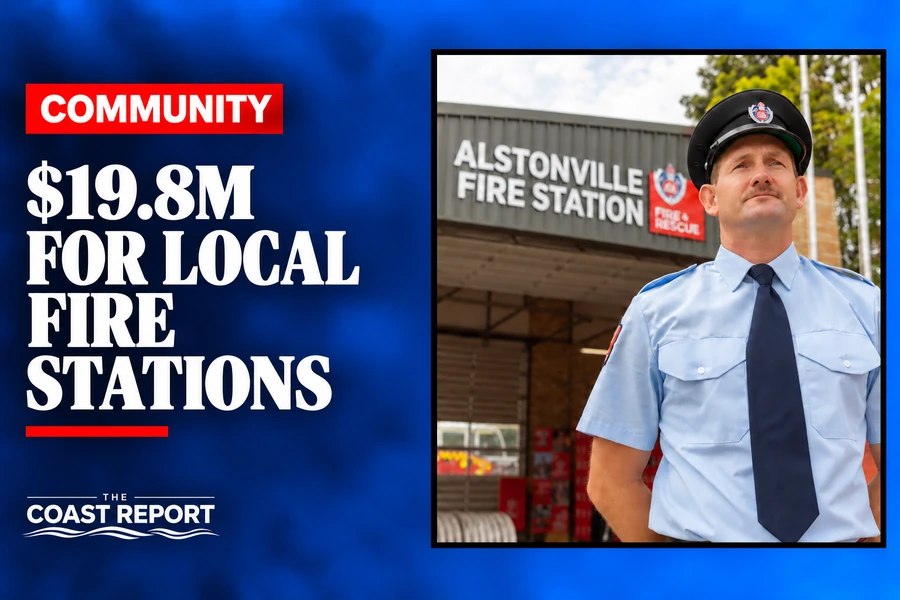 Coast Report graphic showing a firefighter outside Alstonville Fire Station with text announcing $19.8 million for local fire stations.