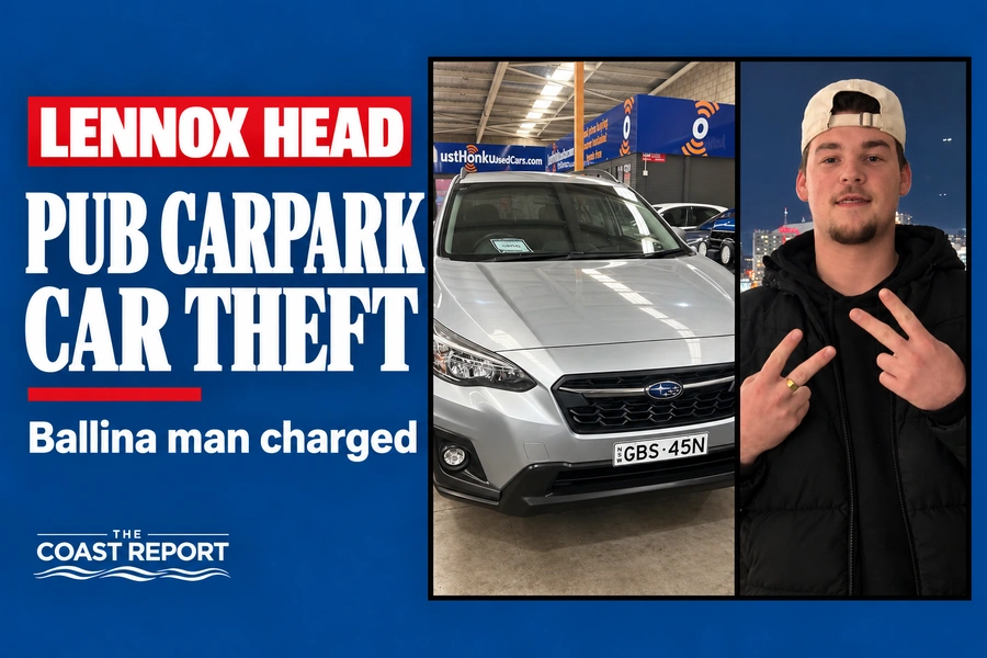 Coast Report graphic showing a silver Subaru XV and Blake Raymond Greenhalgh, with text stating a Ballina man is charged but the car remains missing.