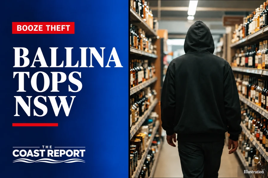 Coast Report graphic reading “Booze theft — Ballina tops NSW”, alongside an illustration of a hooded figure in a bottle shop.