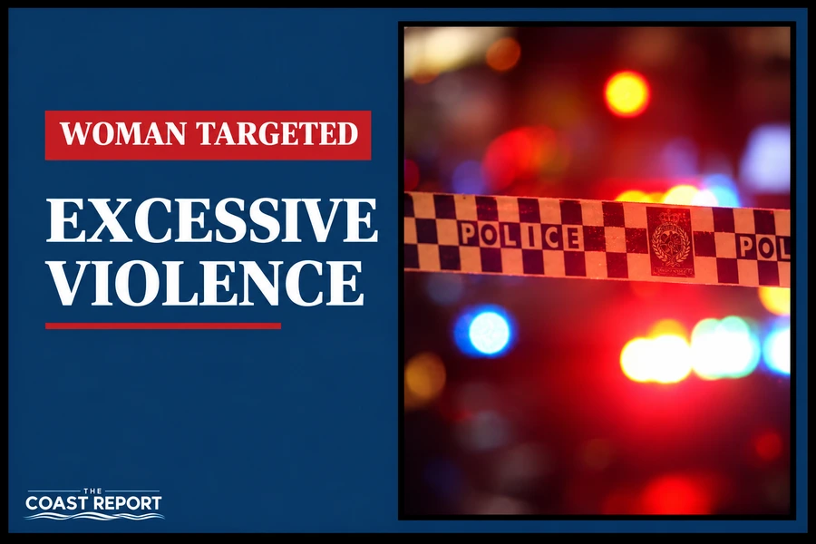 Coast Report graphic about Sydney home invasions, reading “Woman targeted” and “Excessive violence”, beside police tape and blurred emergency lights.
